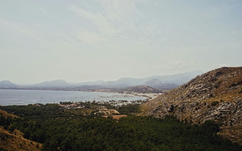 Grüne Bäume nahe den Bergen und dem Meer auf Mallorca bei Tageslicht, fotografiert von Oscar Nord