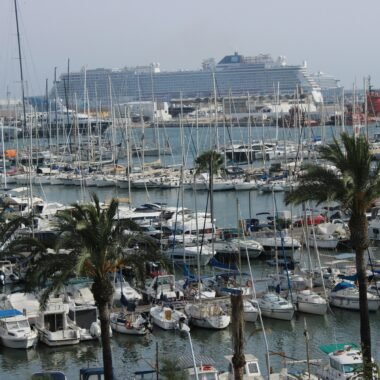 Palmen überblicken einen Hafen auf Mallorca mit Segelbooten und einem Schiff im Hintergrund, aufgenommen von Susana Bartolome.