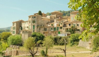 Ein Dorf mit vielen Gebäuden und Bäumen auf Mallorca, aufgenommen von Alex.
