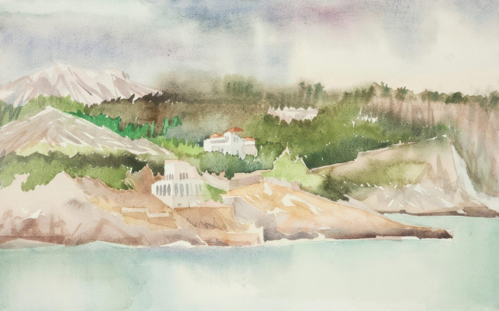 Aquarellbild von Küstenhäusern auf Mallorca, die an einem Hang entlang gebaut sind, im Wasserfarbenstil von Europeana.
