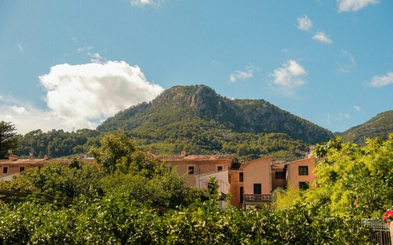 Bergdorf auf Mallorca umgeben von üppigen grünen Bäumen und Weinreben, aufgenommen von Alexis Presa.