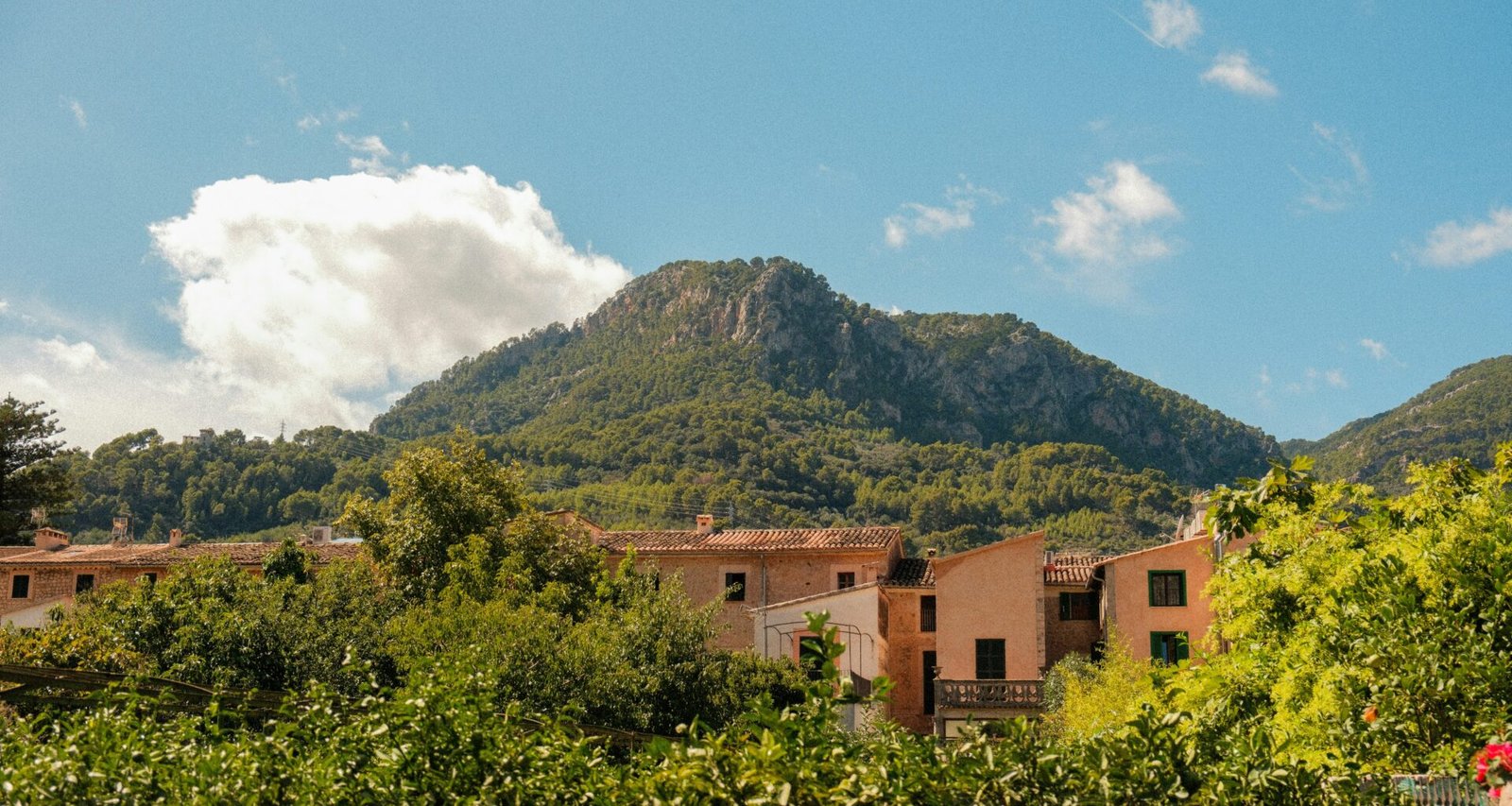 Bergdorf auf Mallorca mit grünen Bäumen und Weinbergen, aufgenommen von Alexis Presa.