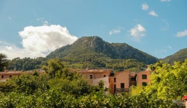 Bergdorf auf Mallorca mit grünen Bäumen und Weinbergen, aufgenommen von Alexis Presa.