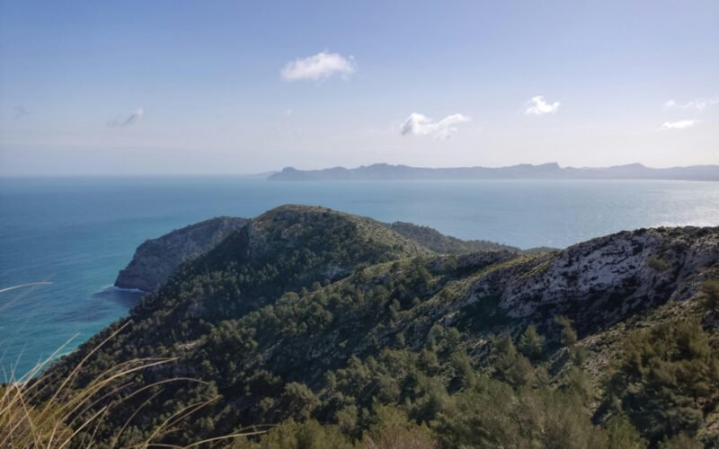 Blick auf das Meer auf Mallorca von einem Hügel aus, mit weitem Horizont und blauer Wasserfläche