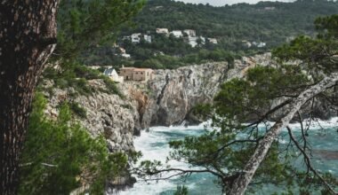Bergkinder fotografierte eine Klippenansicht mit Blick auf den Ozean auf Mallorca, mit weitem Horizont und steilem Felsen.