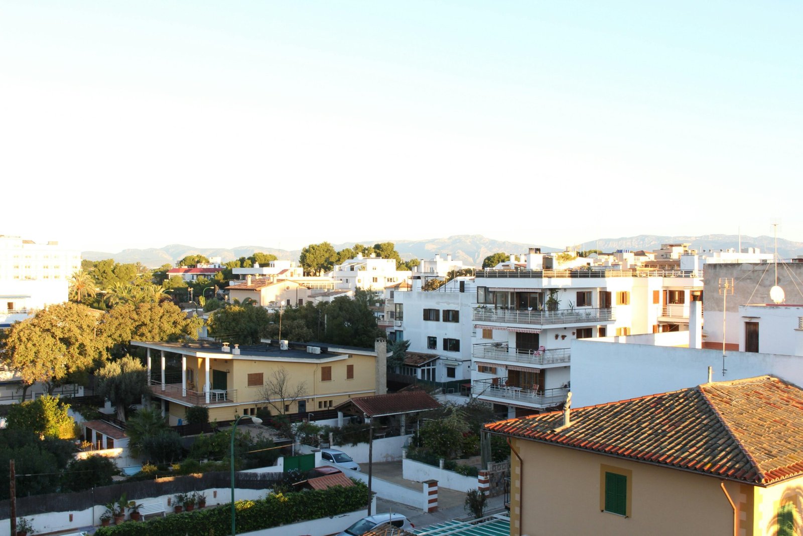 Stadtansicht auf Mallorca von einem Dach aus, mit Gebäuden und Straßen im Blickfeld, aufgenommen von Behnaz.
