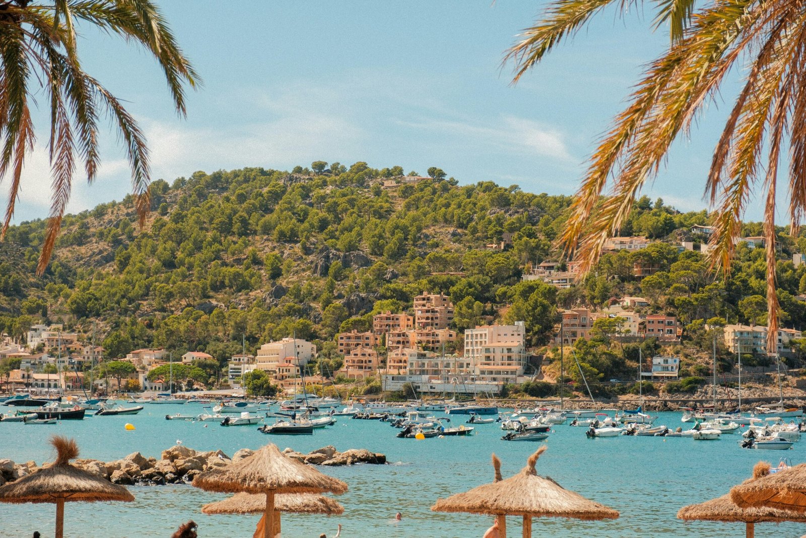 Boote in einer Bucht auf Mallorca mit Palmen, Gebäuden und klarem Wasser, aufgenommen von Alexis Presa.