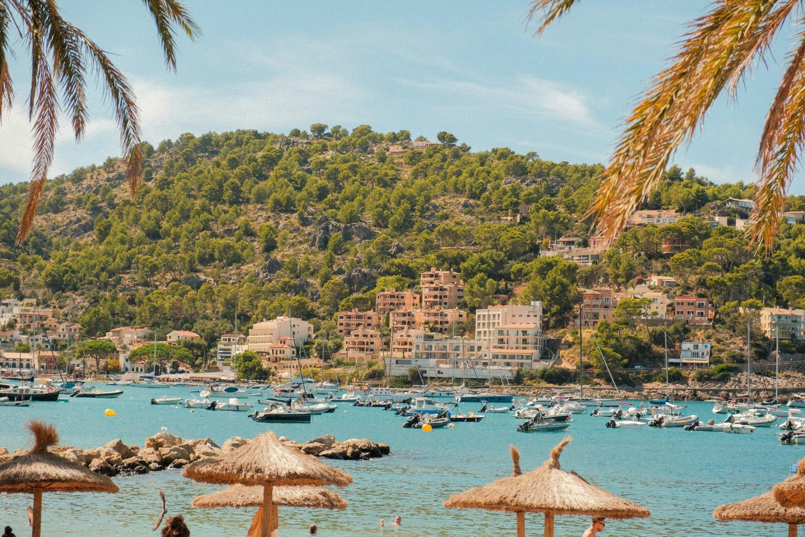 Boote liegen in einer Bucht auf Mallorca, umgeben von Palmen und Gebäuden, aufgenommen von Alexis Presa.