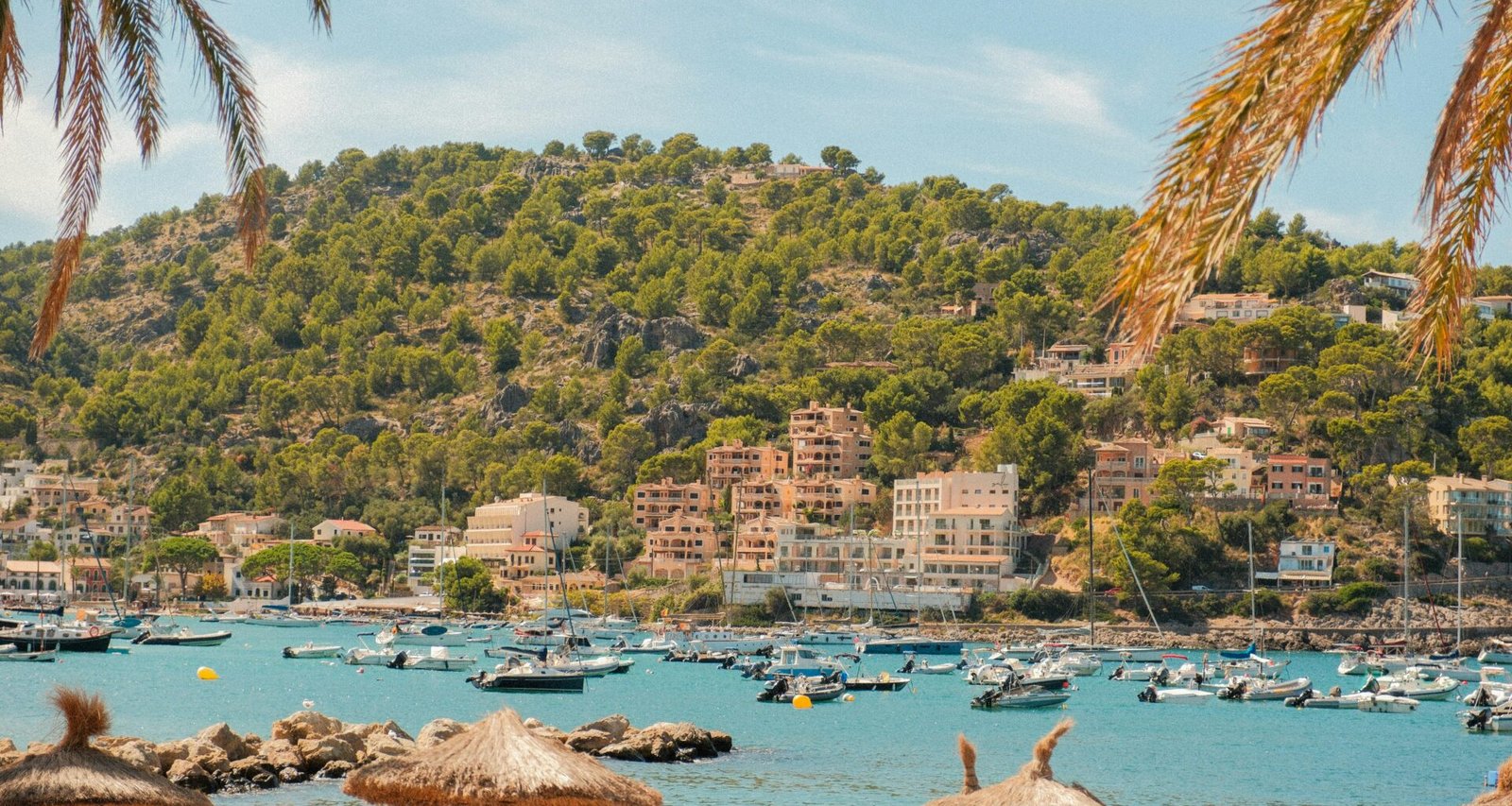 Boote liegen in einer Bucht auf Mallorca, umgeben von Palmen und Gebäuden, aufgenommen von Alexis Presa.