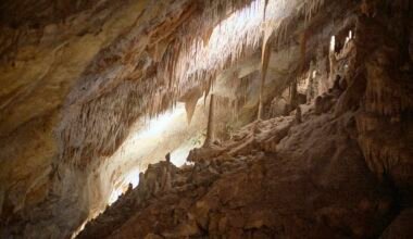 Blick in eine braune und weiße Höhle auf Mallorca bei Tageslicht, zeigt die natürlichen Gesteinsformationen