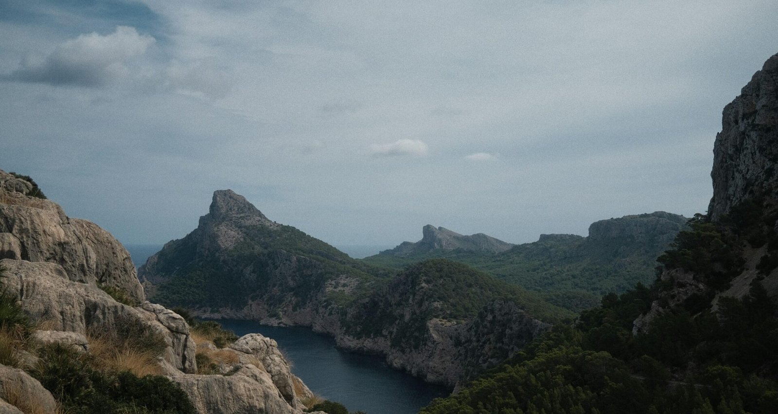 Ein Fluss, der durch ein grünes Tal auf Mallorca fließt, umgeben von Bergen und Vegetation, aufgenommen von Alex Foret.