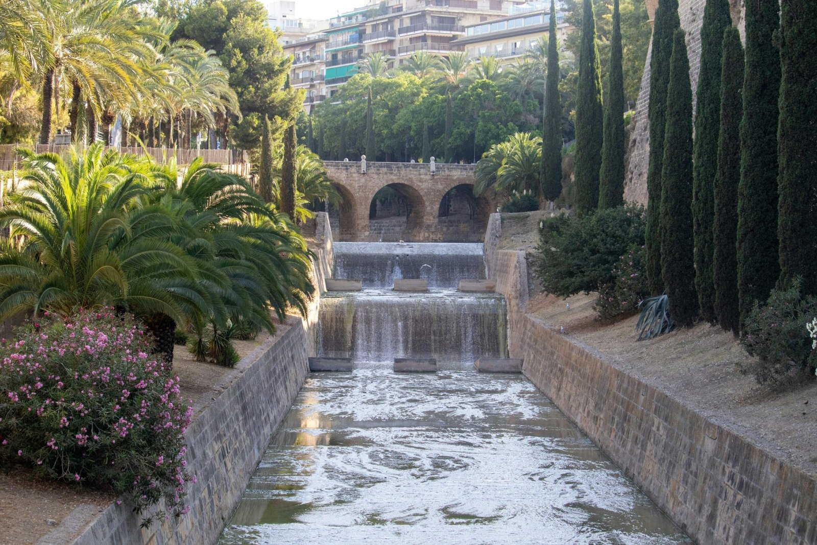 Ein Fluss, der durch einen üppigen, grünen Park auf Mallorca fließt, aufgenommen von Anthony Berardi.