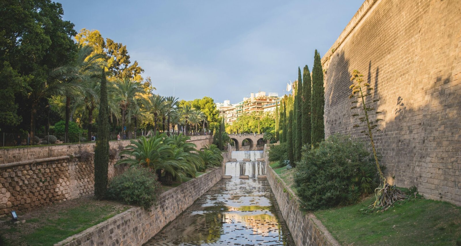 Ein Fluss fließt durch einen grünen Park auf Mallorca, umgeben von Bäumen und Vegetation, aufgenommen von Monika Guzikowska.