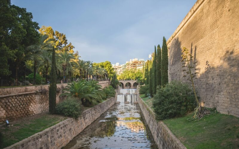 Ein Fluss, der durch einen grünen Park auf Mallorca fließt, umgeben von dichter Vegetation und Bäumen.