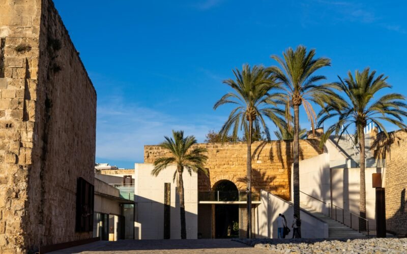 Gebäude mit Palmen vor einem klaren Himmel auf Mallorca, fotografiert von David Vives.
