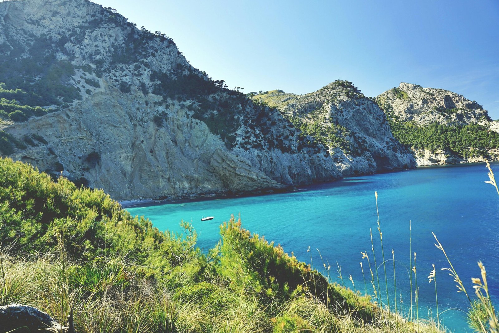 Ein ruhiger Wasserlauf auf Mallorca, umgeben von Bergen und grünen Wiesen, aufgenommen von Tom Lorber