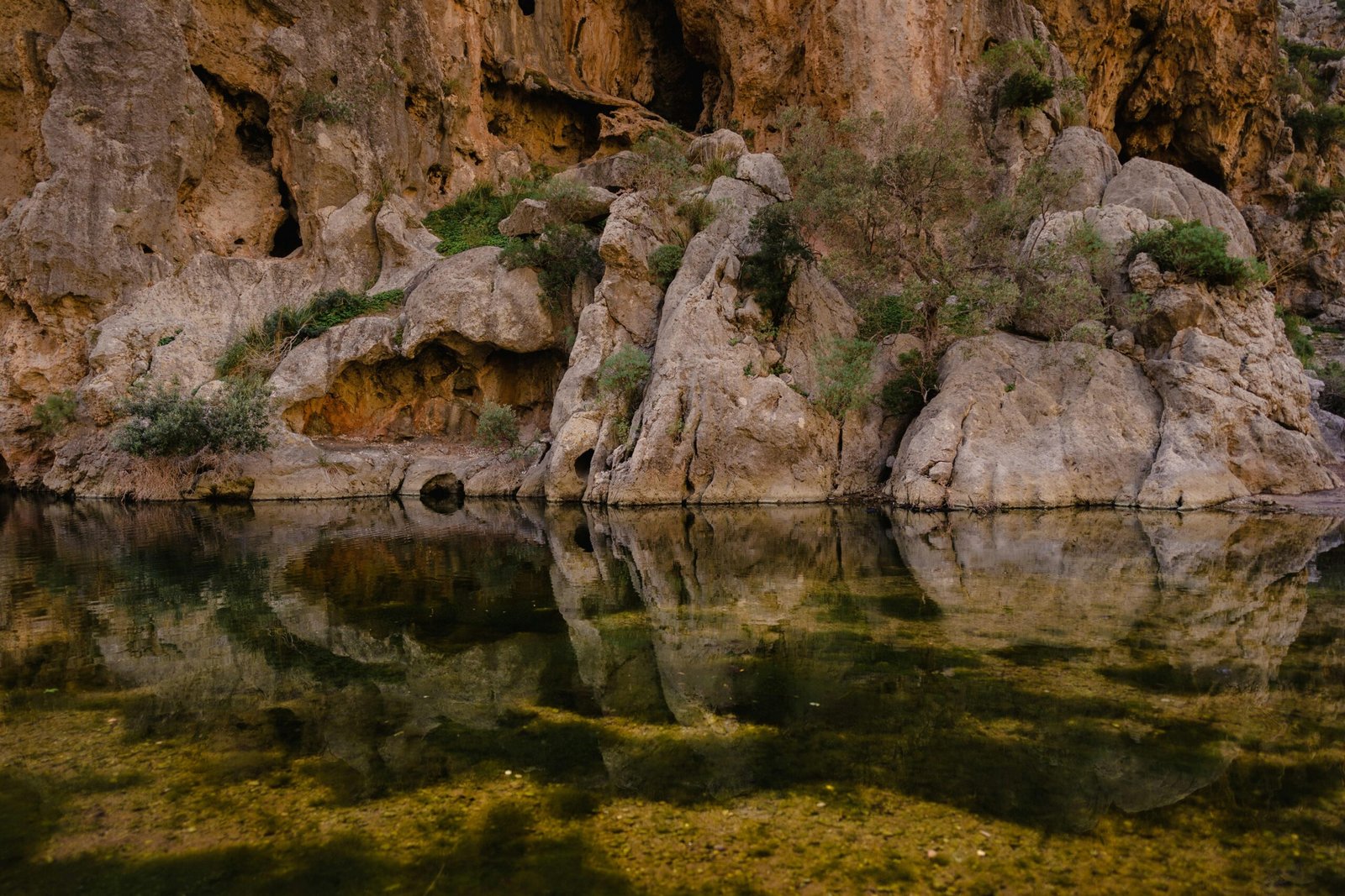 Ein Gewässer auf Mallorca, umgeben von Felsen und Gras, aufgenommen von Mariya, zeigt die ruhige Natur der Insel.