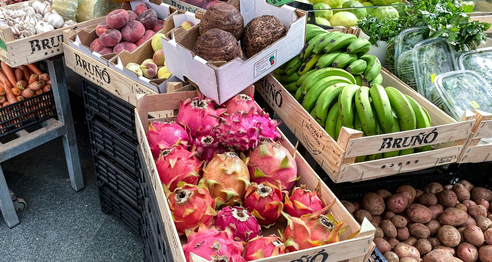 Bunte Körbe mit frischen Obst- und Gemüsesorten auf Mallorca, fotografiert von Linda Gerbec