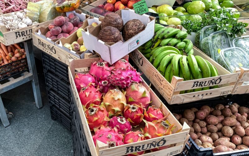 Bunte Körbe mit frischen Obst- und Gemüsesorten auf Mallorca, fotografiert von Linda Gerbec