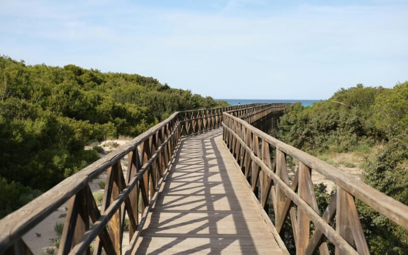 Holzsteg führt über Sandstrand zum offenen Meer auf Mallorca, aufgenommen von Tim Schmidbauer