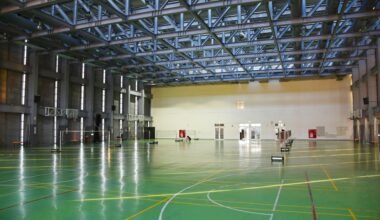 Innenraum eines Basketballplatzes auf Mallorca mit grünen und gelben Linien, aufgenommen von Andy Kuo.