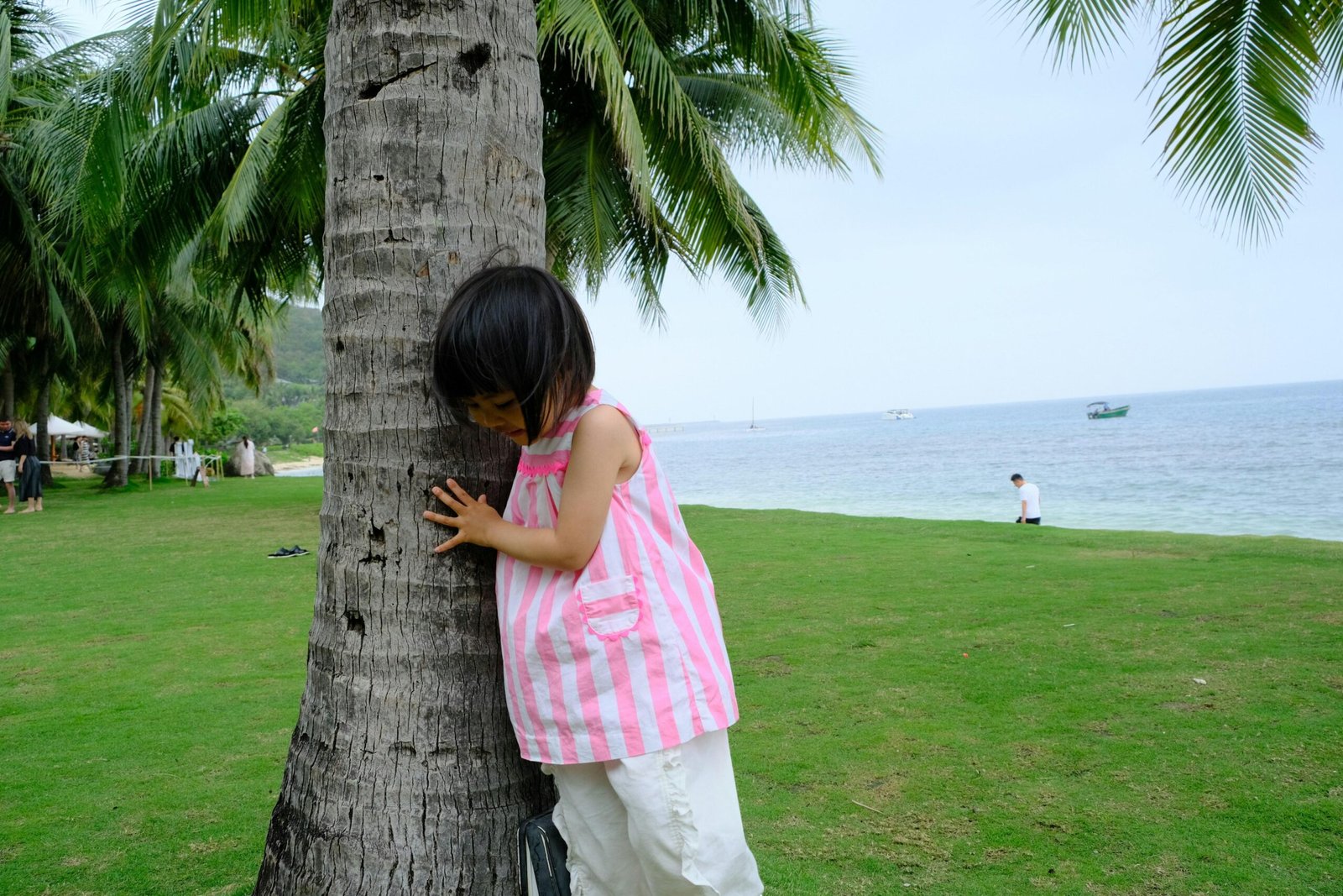 Kleines Mädchen versteckt sich hinter einer Palme auf Mallorca, umgeben von grünen Blättern und natürlicher Umgebung.