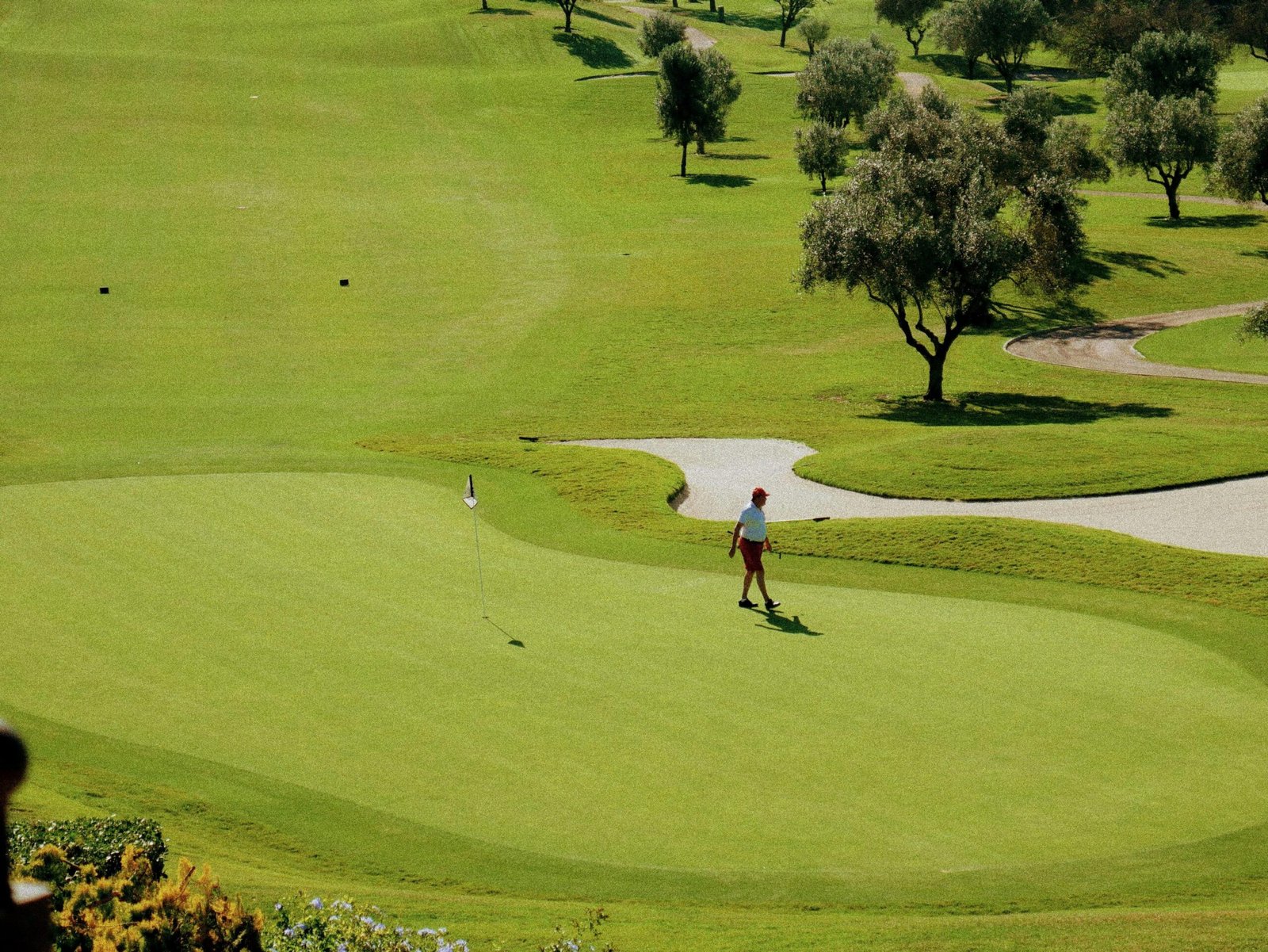 Mann beim Golfspielen auf einem Golfplatz auf Mallorca, umgeben von grünen Fairways und Bäumen