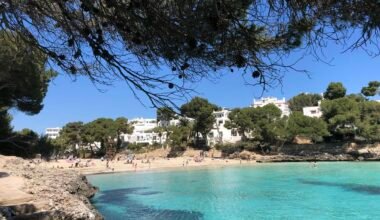 Ein Strand auf Mallorca mit Menschen, die am Wasser liegen und die Sonne genießen, fotografiert von yelr.