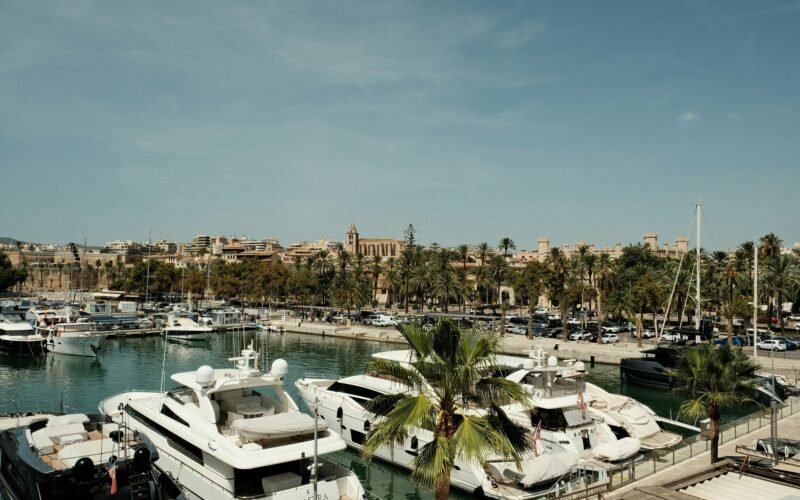 Marina auf Mallorca mit vielen weißen Booten, Wasser und Himmel im Hintergrund, aufgenommen von Felix