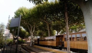 Ein Zug fährt auf Mallorca entlang der Bahngleise neben einem Wald, aufgenommen von Victor Oonk.