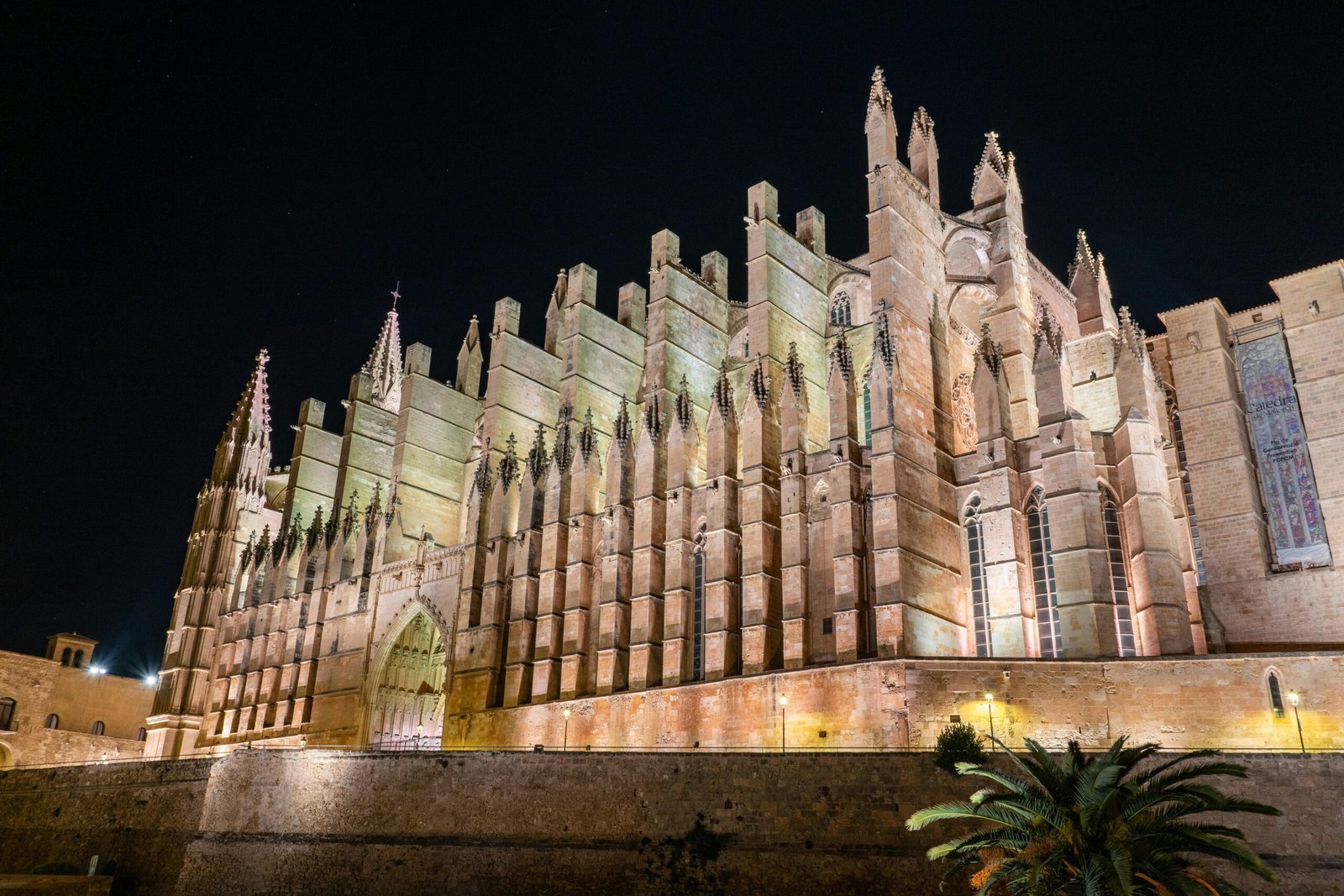 Große Kathedrale auf Mallorca hell erleuchtet bei Nacht, aufgenommen von David Vives.