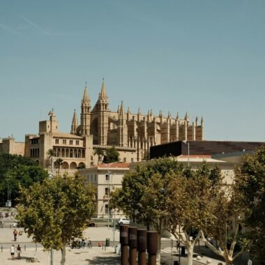 Große Kathedrale auf Mallorca, die über die Stadt ragt, umgeben von Bäumen, aufgenommen von Felix