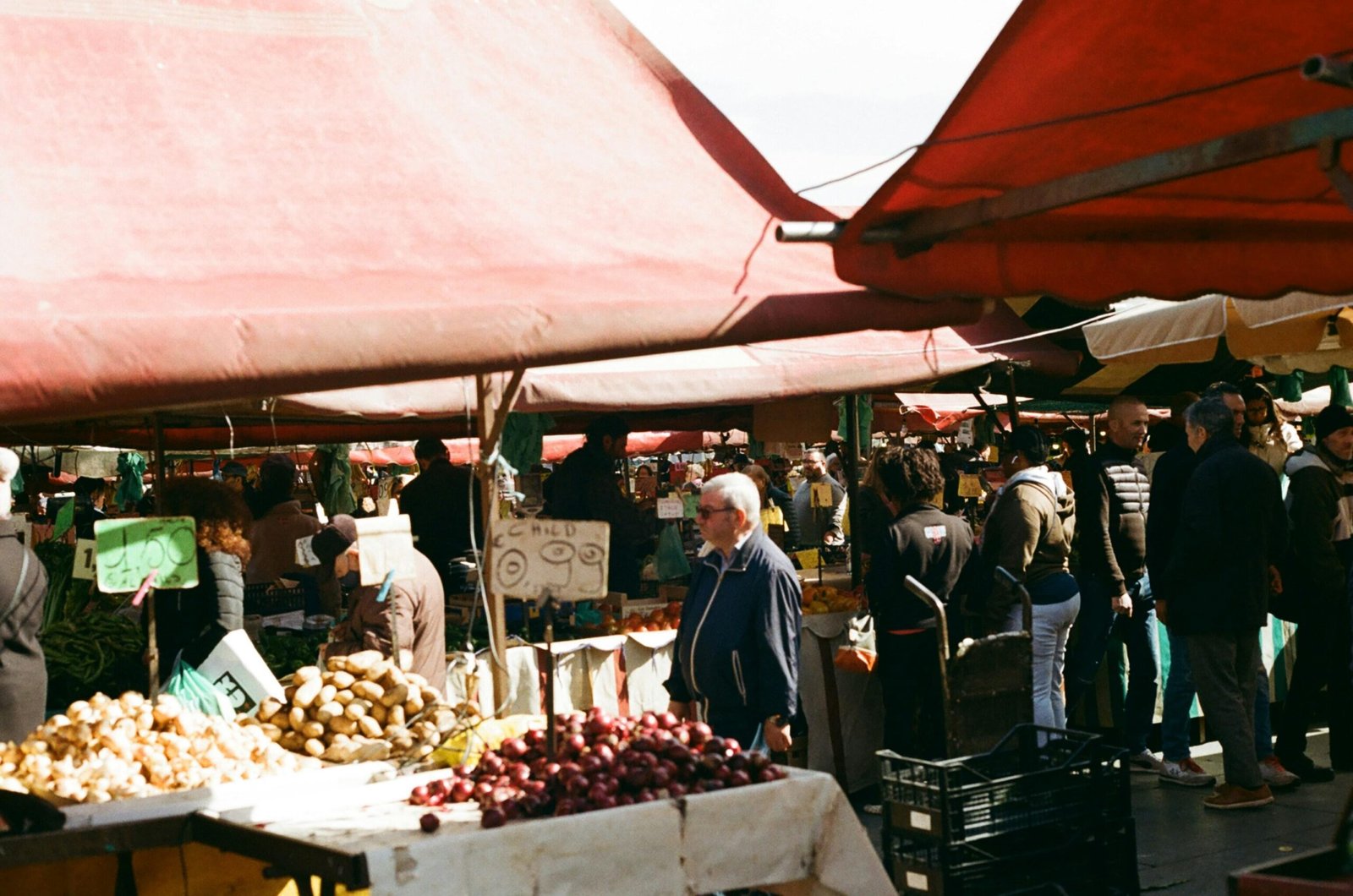 Gruppe von Menschen beim Einkaufen auf einem Markt auf Mallorca, Stände mit frischen Produkten