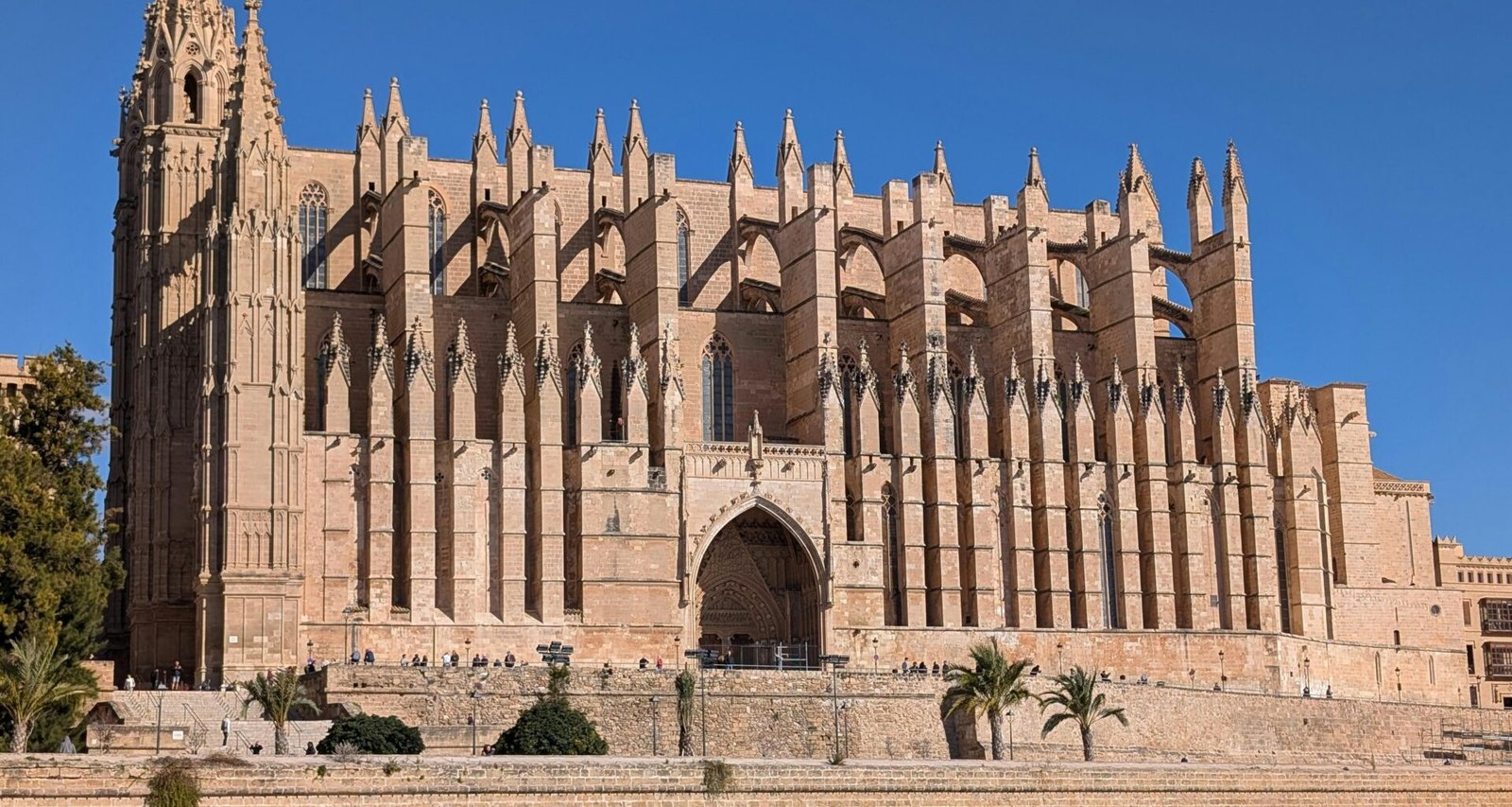 Große gotische Kathedrale mit kunstvollen Spitztürmen auf Mallorca bei strahlendem Himmel, fotografiert von David Vives.