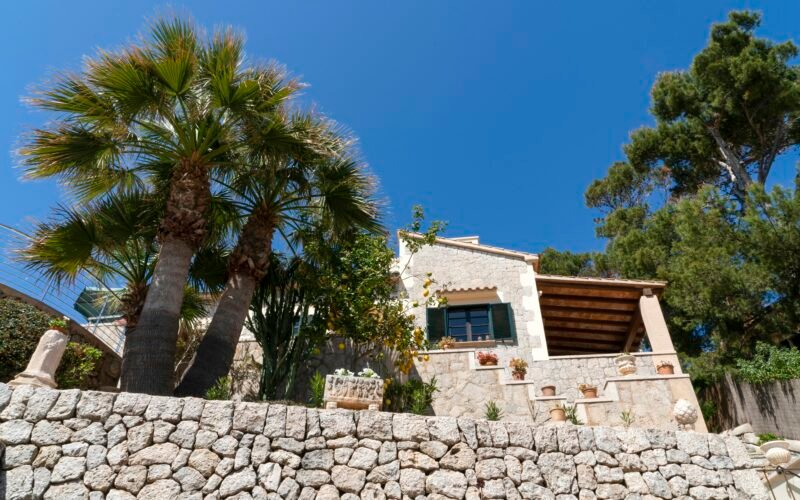Steinmauer und Palmen vor einem Haus auf Mallorca, aufgenommen von Marian Florinel Condruz.