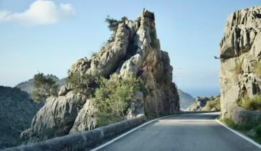 Straße auf Mallorca mit Berg im Hintergrund, aufgenommen von Stock Birken