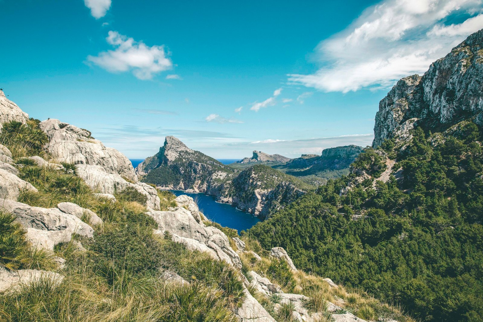 Berglandschaft auf Mallorca mit grünen und braunen Bergen unter blauem Himmel, aufgenommen von Alena Vavrdova