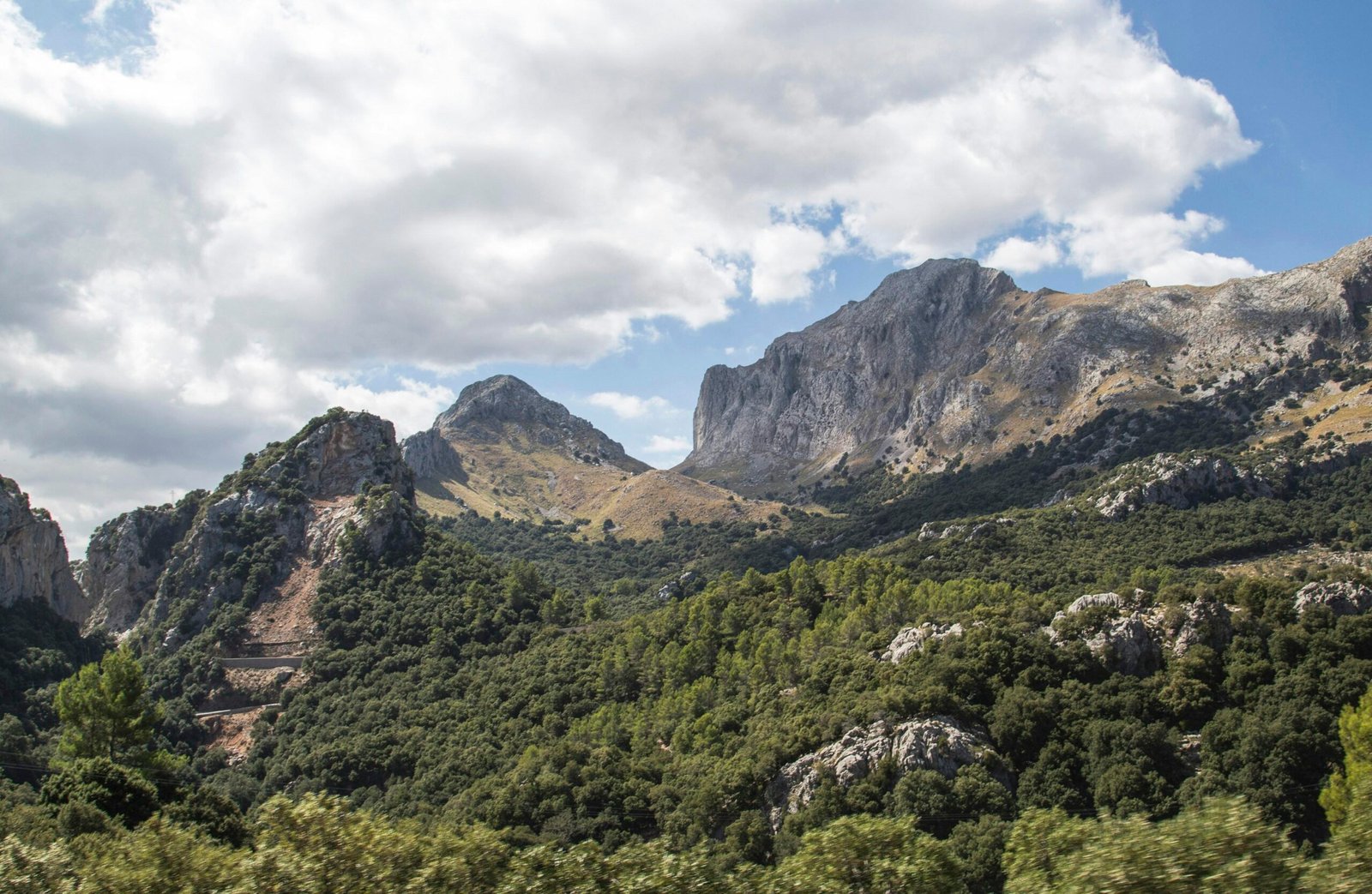 Grüne und braune Berge auf Mallorca unter weißen Wolken während des Tages, Naturaufnahme