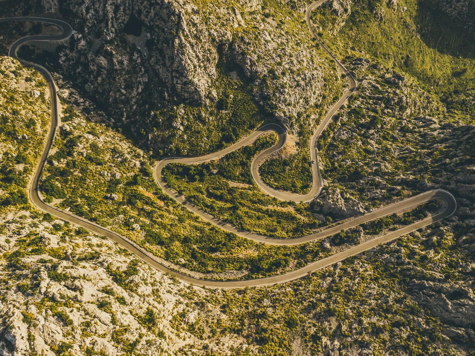 Luftaufnahme von grünen Wiesen und Straße auf Mallorca, fotografiert von Leonard von Bibra