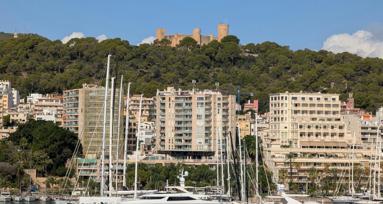 Luxusyachten im Hafen auf Mallorca mit Stadt und Burg im Hintergrund, aufgenommen von David Vives
