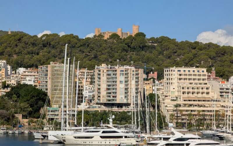 Luxusyachten im Hafen auf Mallorca mit Stadt und Burg im Hintergrund, aufgenommen von David Vives