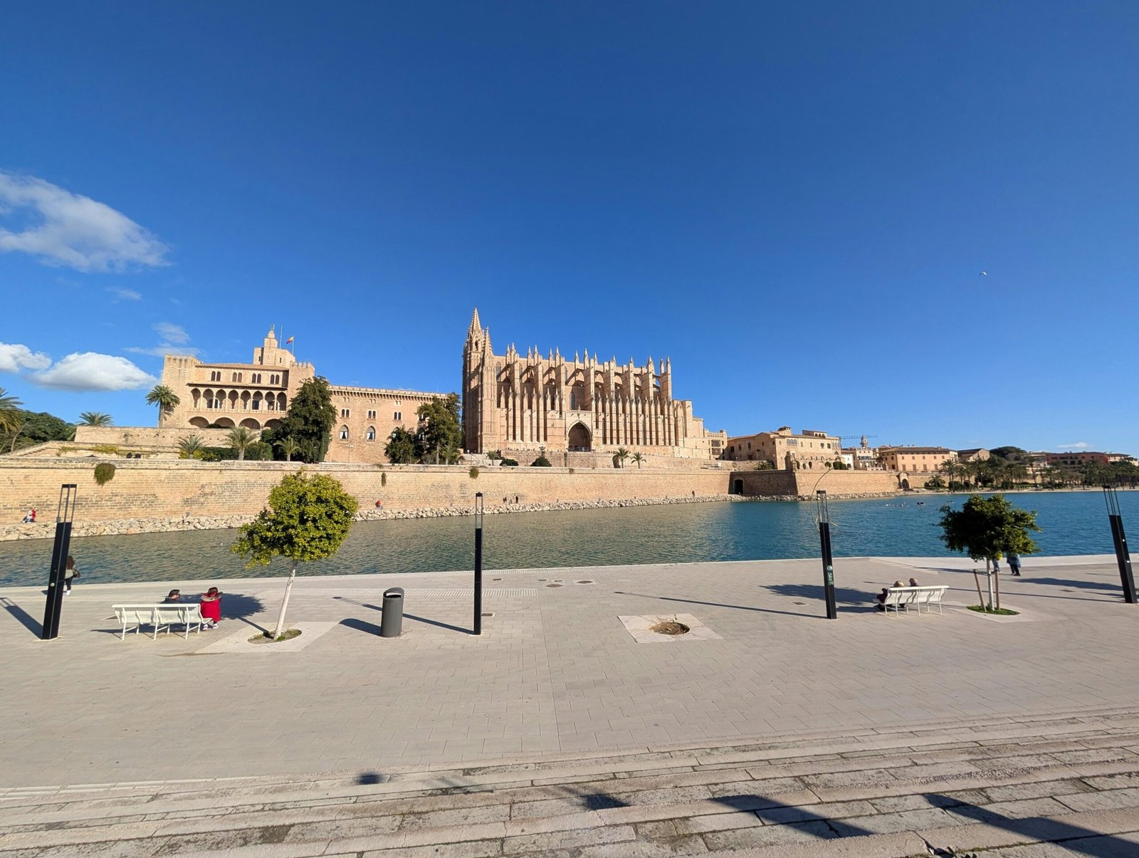 Die majestätische Kathedrale auf Mallorca thront auf einem Hügel mit Blick auf das Meer, fotografiert von David Vives.