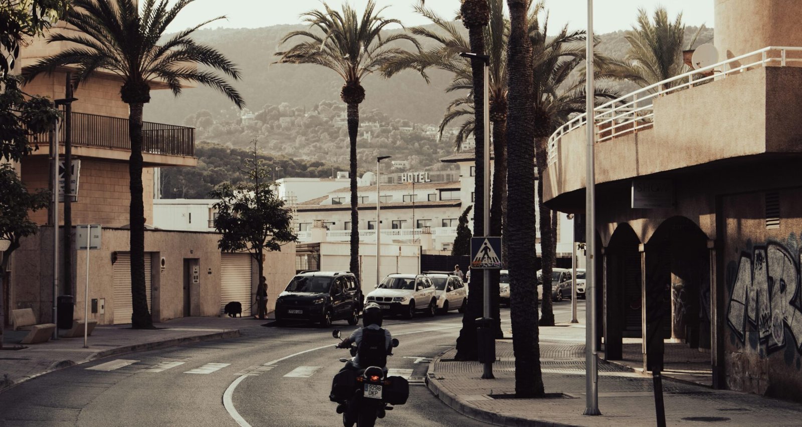 Mann fährt mit Motorrad auf einer Straße während des Tages auf Mallorca, umgeben von Natur und Landschaften