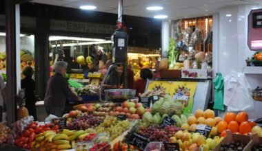 Mann in grauer Jacke steht neben Obststand auf Mallorca, umgeben von frischen Früchten