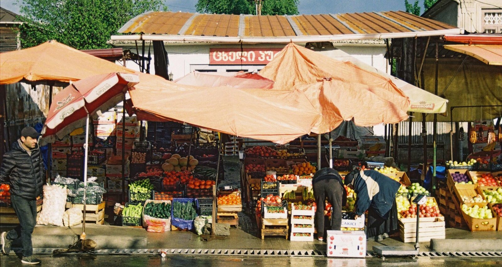 Menschen beim Spaziergang und Einkaufen auf einem Markt auf Mallorca bei Tageslicht, aufgenommen von Barbare Kacharava.