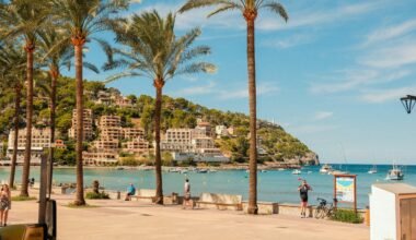 Palmen säumen einen sonnigen Strand auf Mallorca mit Blick auf die Stadt im Hintergrund, aufgenommen von Alexis Presa.
