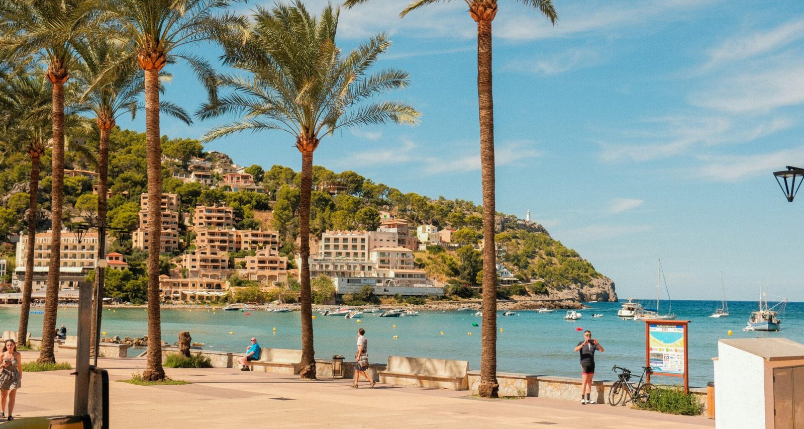 Palmen säumen einen sonnigen Strand auf Mallorca mit Blick auf eine Stadt im Hintergrund, aufgenommen von Alexis Presa.