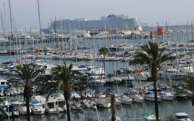 Palmen über einem Hafen mit Segelbooten und einem Schiff auf Mallorca, fotografiert von Susana Bartolome.