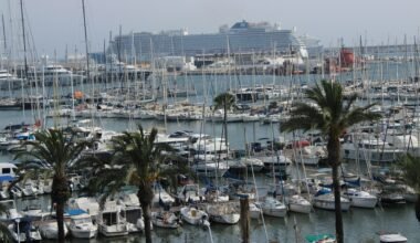Palmen über einem Hafen auf Mallorca mit Segelbooten und einem Schiff, aufgenommen von Susana Bartolome