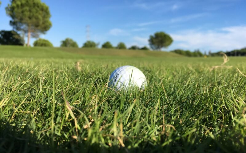 Weißer Golfball liegt auf einem saftig grünen Rasen auf Mallorca, fotografiert von George Bougakov.